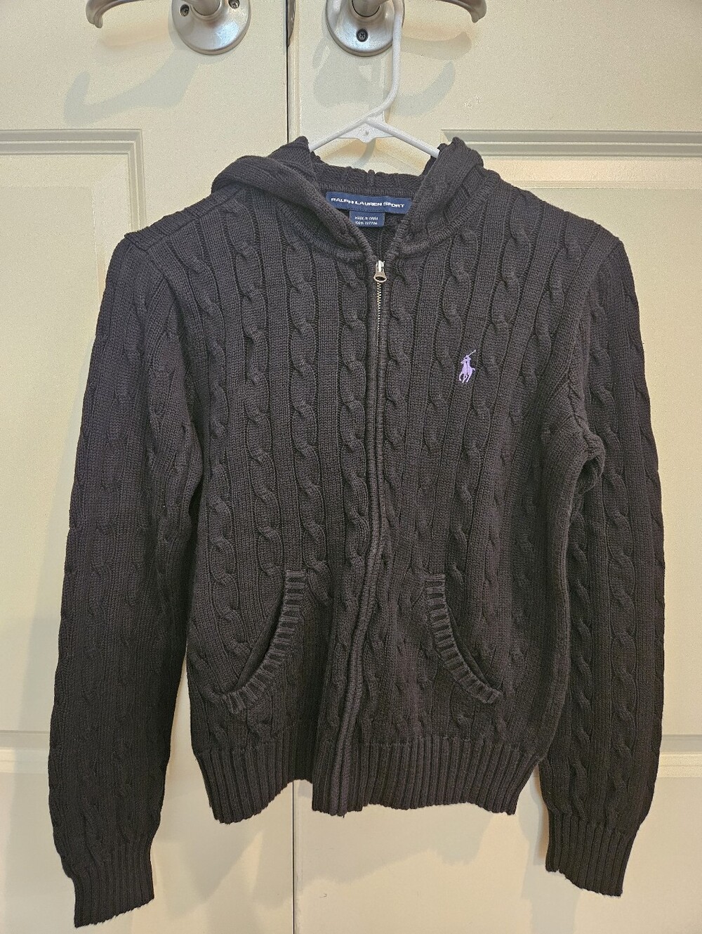 Polo By Ralph Lauren Womens Black Cable-Knit Hooded Zip Sweater M